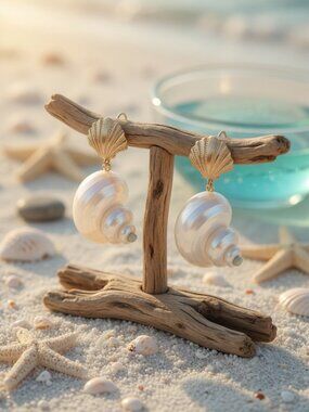 Gold Seashell Pearl Drop Earrings | Coastal Shell Statement Earrings | Beach Wed